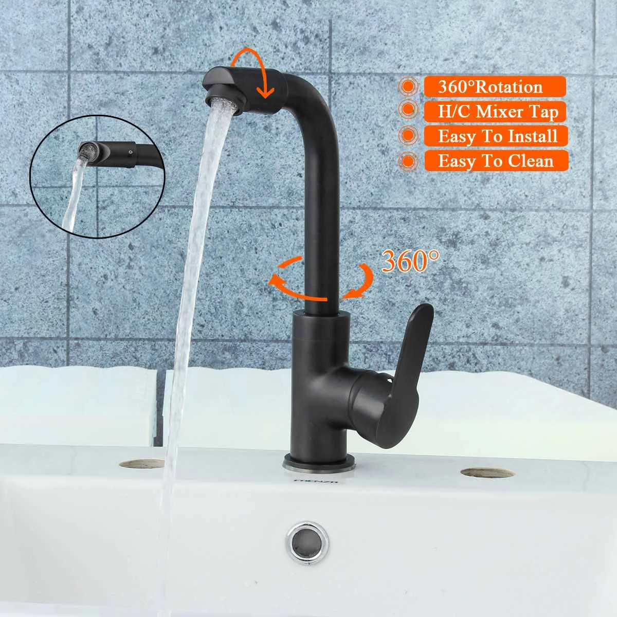Черный латунный 360 регулятор струи современный кухонный смеситель кран Одной ручкой умывальник кран для ванной комнаты на бортике смеситель кран