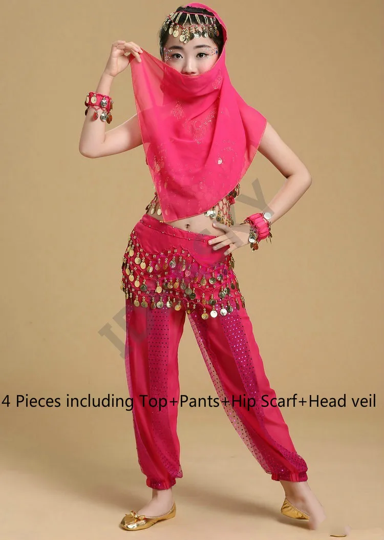 Детский набор костюма для танца живота Восточный танец Детские платья Индийский танец живота одежда танец живота дети индийские Взрослые женщины - Цвет: hot pink 4pcs
