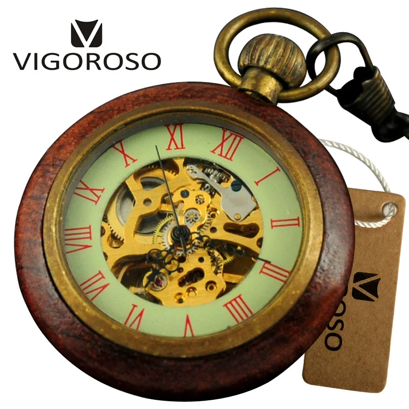 

Antique Clock Wood&Copper Case Skeleton Handwind Mechanical Pocket Watch With FOB Chain Pendant Men Women Luxury Vintage Gifts