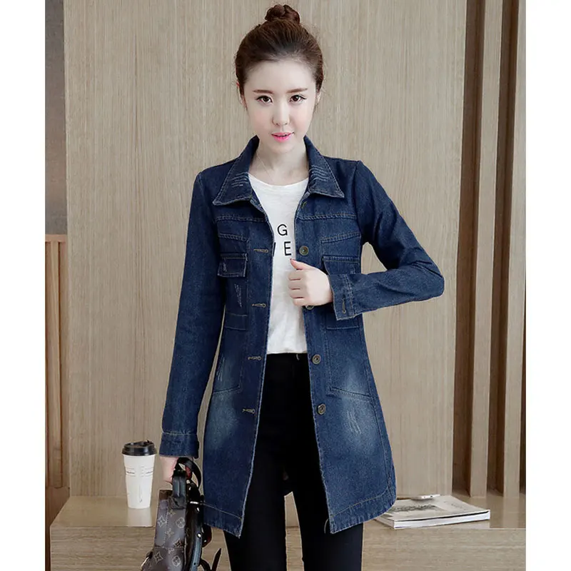 

Demin Women Trench Coats Plus Size 4XL Spring Autumn Slim Jeans Coat Long Sleeve Single Breasted Outwear WWJ919