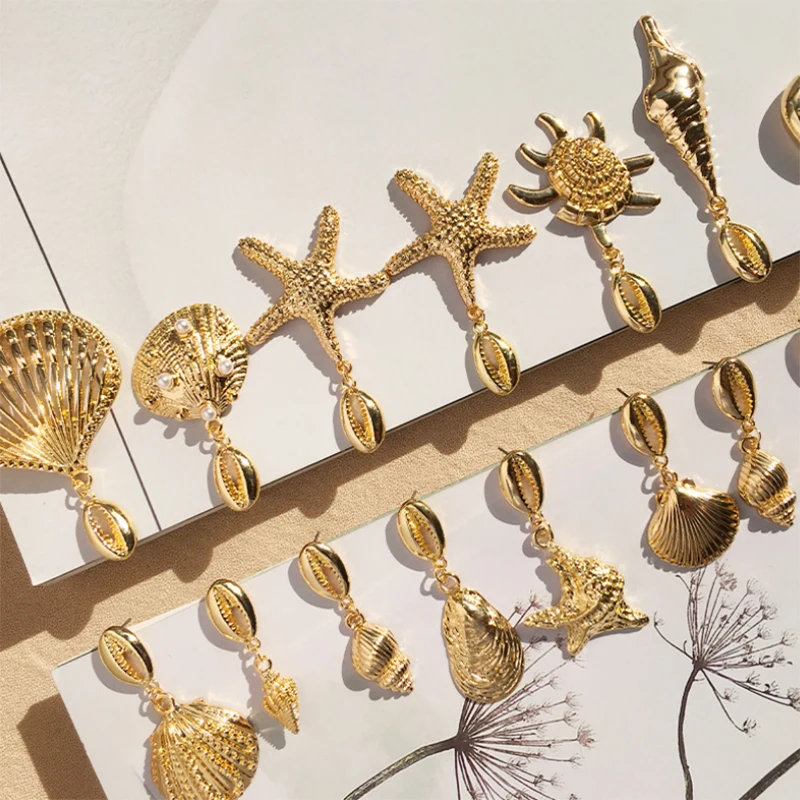 

Bohemia Gold Color Geometric Irregular Starfish Conch Statement Brincos 2019 Exaggerated Cowrie Shell Drop Earrings Boho Summer