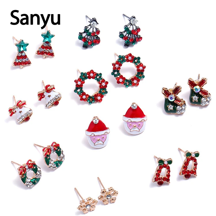 

Fashion Vintage Lovely Colorful Earring Studs for Women Girl Christmas Tree Small Bells Elk Deer Earring Studs New Year Gifts