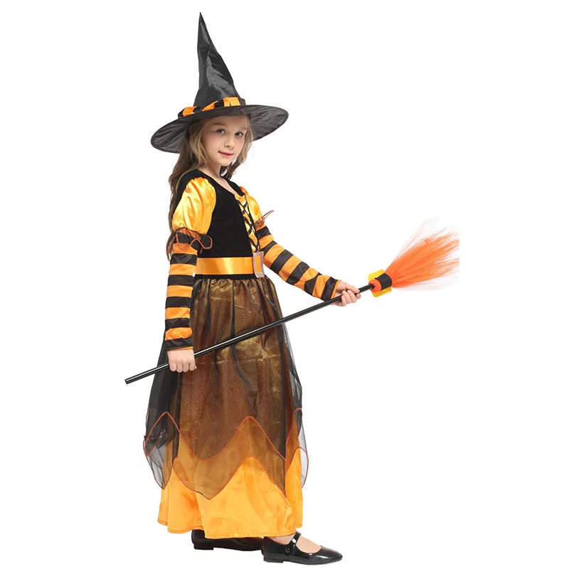HUIHONSHE Лидер продаж для девочек костюм ведьмы дети ведьма платье со шляпой Одежда для Хэллоуина Косплэй вечерние фантазия костюмы