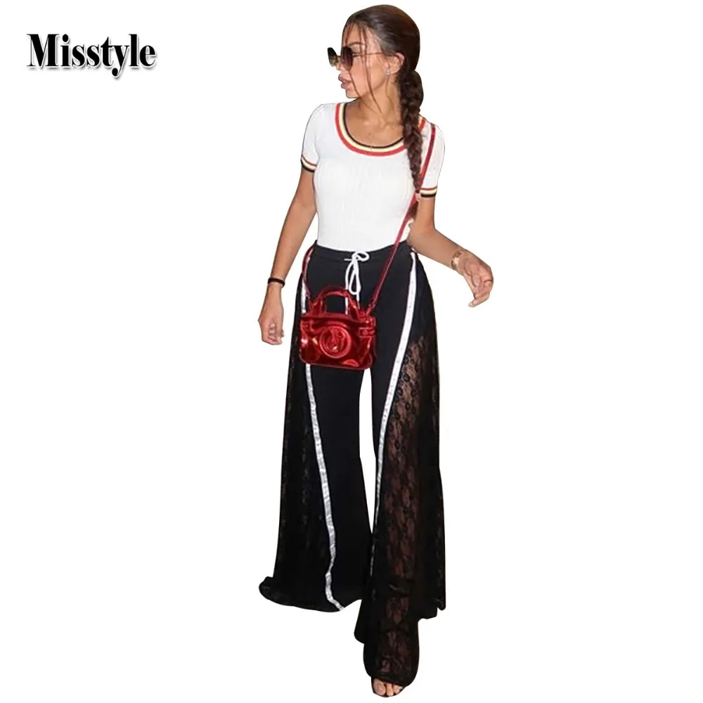 

Misstyle Sexy Wide Leg Pants Women High Waist Striped Lace Patchwork Loose Palazzo Pants Elegant See-Through Trousers Streetwear