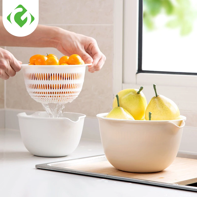 

Drainage storage basket Kitchen storage basin Wash vegetable fruit box Double layer Wash basin Drain Desktop fruit basket Plain