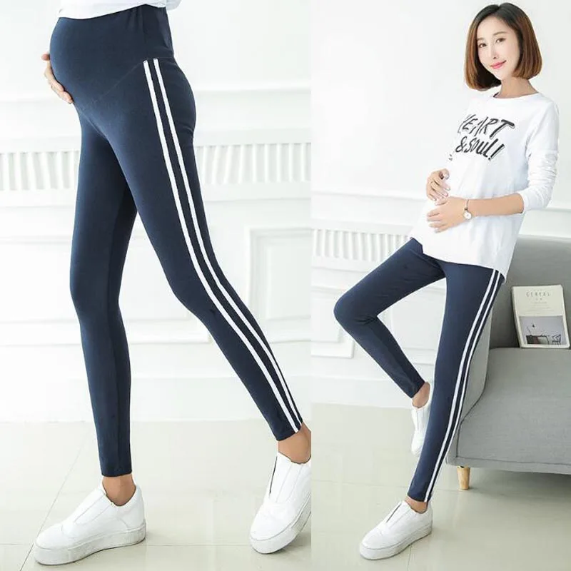2018 pregnant women side striped cotton skinny leggings maternity high waist stretched belly trousers pencil pants  Elastic