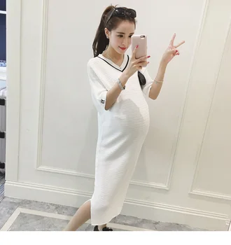 

tcYct 2017 Summer V neck Side Splits White Maternity Dress Elegant Maternity Clothes for Pregnant Women Black Pregnancy Clothing