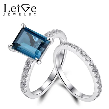 

Leige Jewelry 925 Sterling Silver Rings Fine Jewelry London Blue Topaz Wedding Engagement Rings Set for Women Emerald Cut