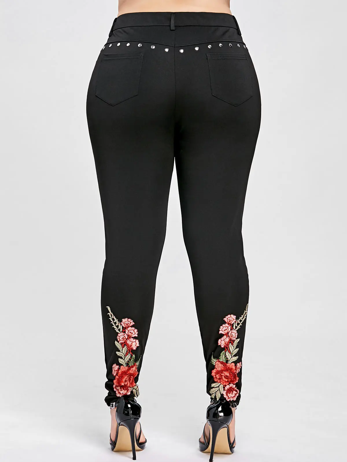

Wipalo Women Plus Size Floral Embroidery Rivet Pencil Pants Fashion Lady Pants Trousers High Elastic Pants Casual Skinny Pants