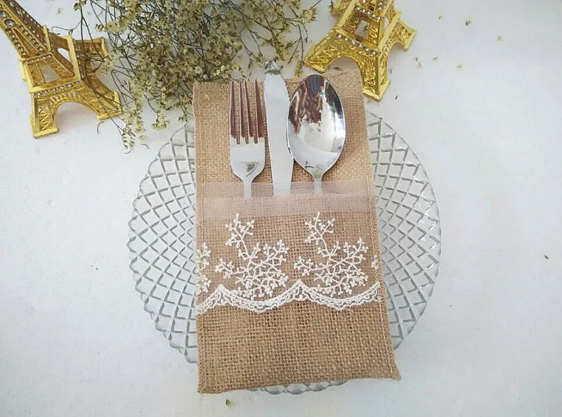 

Natural Hessian Burlap Cutlery Holder Pouch Bag with Lace Flower Wedding Tableware Bags Favor , Pack of 50