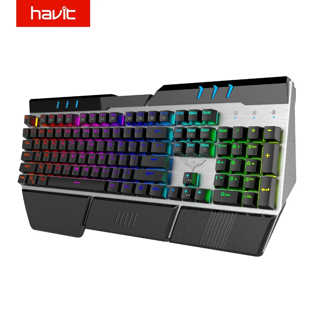 

HAVIT Mechanical Keyboard Wrist Rest Design 104 Keys RGB Backlit Modes USB Wired Gaming Keyboard with Blue Switches HV-KB378L