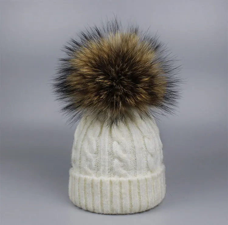 Для мальчиков и девочек натуральный мех енота Pom Зимняя шапка кепки толстые теплые вязаный крючком вязать Bobble детская шапочка бренд 2018