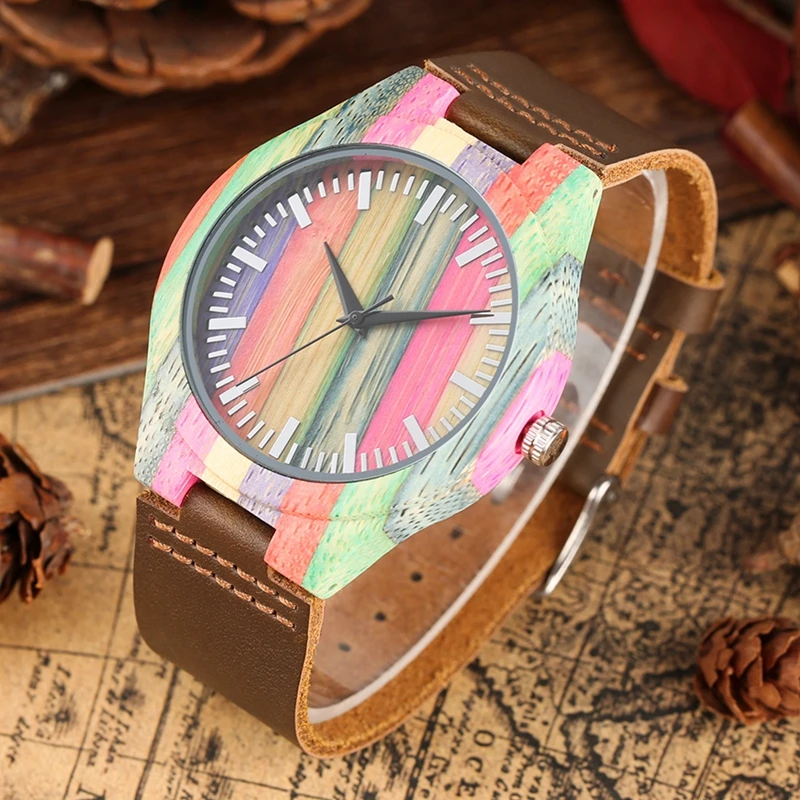 Уникальные красочные деревянные часы мужские часы нормальный Круглый циферблат час часы Мужские кварцевые Кожаный браслет наручные часы reloj para hombre