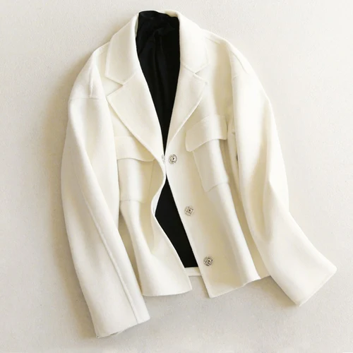 Белый Women Woolen Jacket Short Coat Autumn Winter Turn-down Collar Loose Solid Woolen Blends Coat S-XL - Цвет: Белый