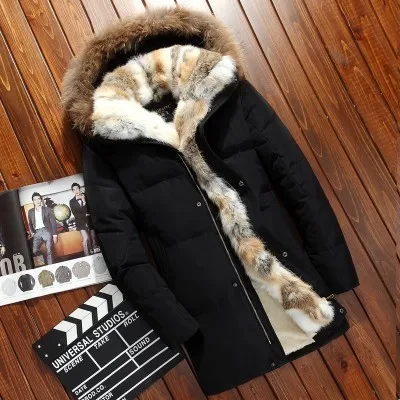 5XL белая куртка-пуховик на утином пуху, Женское зимнее пальто с гусиным пером, длинная парка из меха енота, теплая верхняя одежда с кроличьим мехом размера плюс, Okd701 - Цвет: Black