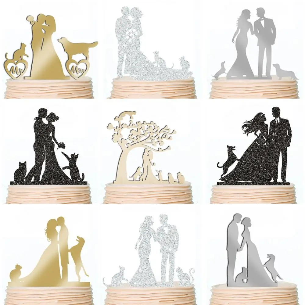 

Custom Family Wedding Engagement Cake Toppers Bride & Groom with Pet Dogs Cats Anniversary Party Topper Decorations