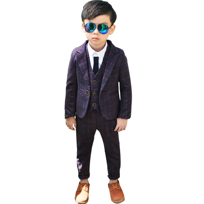 

2019 Children Wedding Suit 3PCS Plaid Autumn Kids Boys Blazer Formal Suits School Suit Blazer Vest Pants Baby Boys Dress Suits