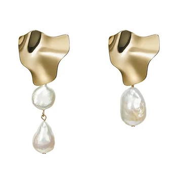 

SRCOI Gold Color Triangle Irregular Freshwater Pearl Earrings Silver Color Pin Asymmetry Geometric Long Drop Earrings 2020