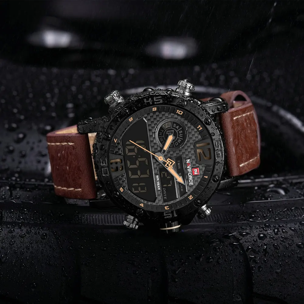 Cena NAVIFORCE luksusowa marka mody zegarek sportowy mężczyźni wodoodporny Dual Time kwarcowy zegarki skórzany pasek LED data analogowy zegar cyfrowy