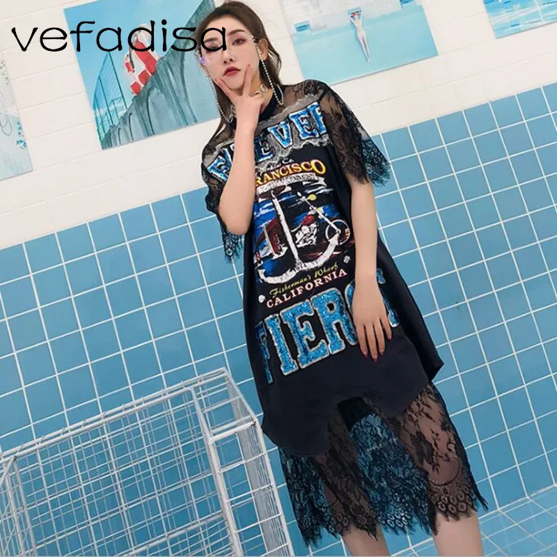 Vefadisa Lace Patchwork Dress 2018 Summer Clothes Letters Print with Sequin Robe Femme Big Size Women Black AD1225 | Женская одежда