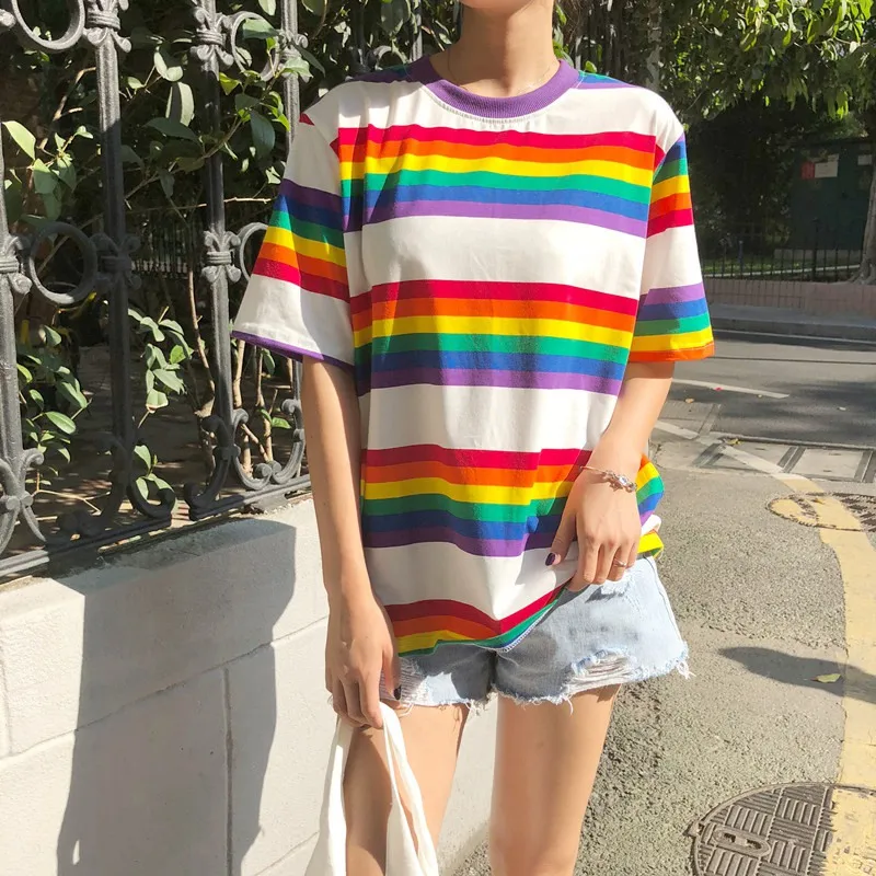 

Women Casual T-shirt Summer Short Sleeve Loose Rainbow Striped T Shirt Tee Top