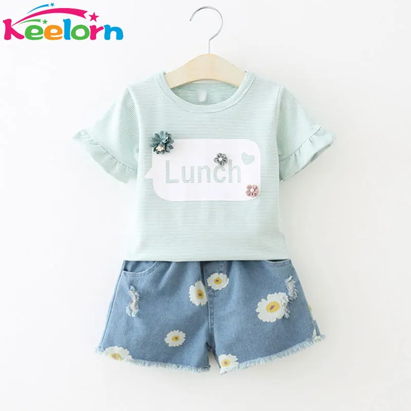 Keelorn Girls Clothing Sets Casual Style Girls Clothes Striped short sleeves T shirt Small chrysanthemum denim