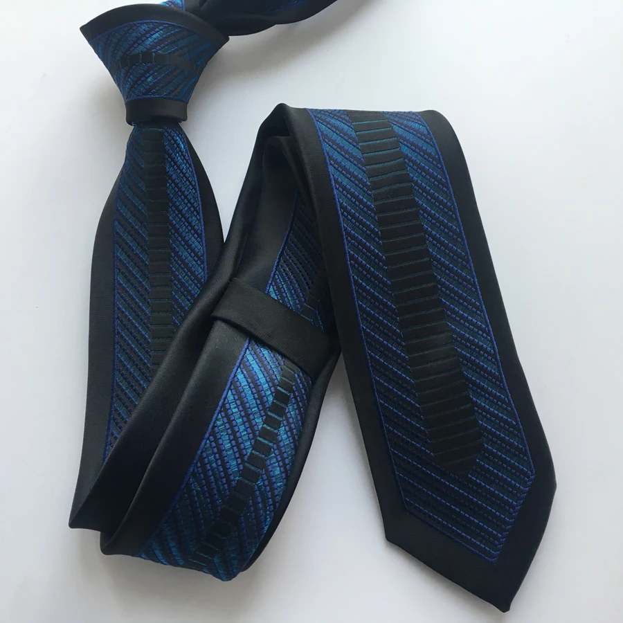 Молодой Для мужчин модные узкие галстук жаккардовые высокое качество галстук черный с синим уникальным рисунком Gravata Бесплатная доставка