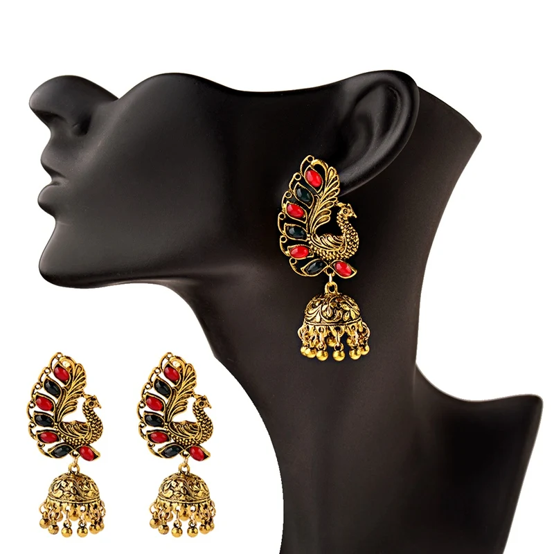 Женские винтажные серьги подвески Jhumka Jhumki в виде этнического павлина с черными