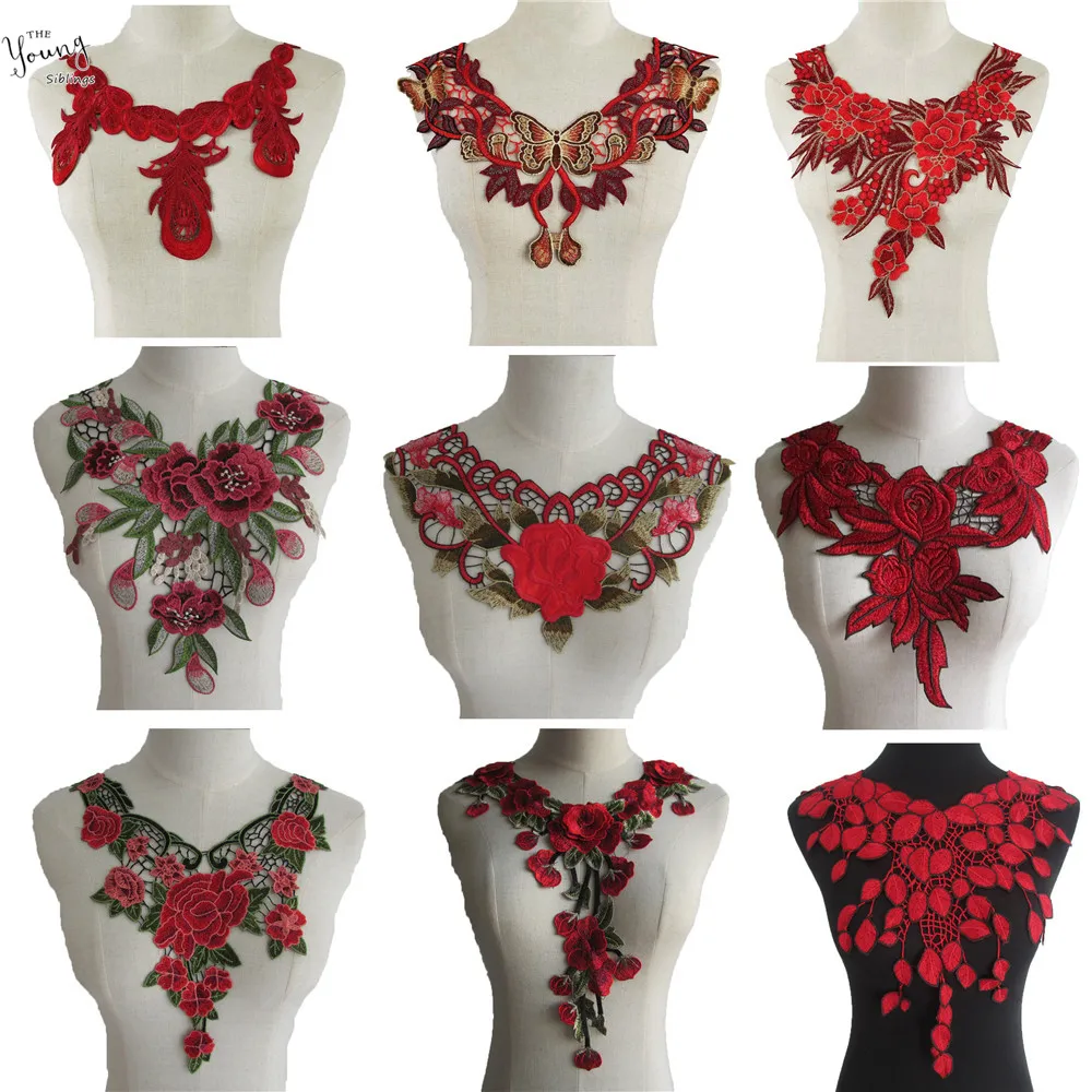 

New Red rose Flower Embroidery Lace Neckline Fabric,DIY handmade Wedding Dress Lace Collar For Sewing Supplies Crafts 1PCS sell