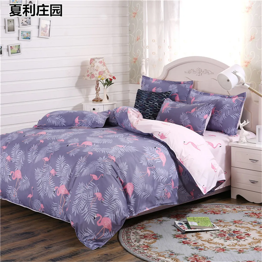 

Hot sell cartton home textie USA Europe Size purple Bedding Sets pink Flamingo Duvet Cover bed sheet pillowcase Soft Bedclothes