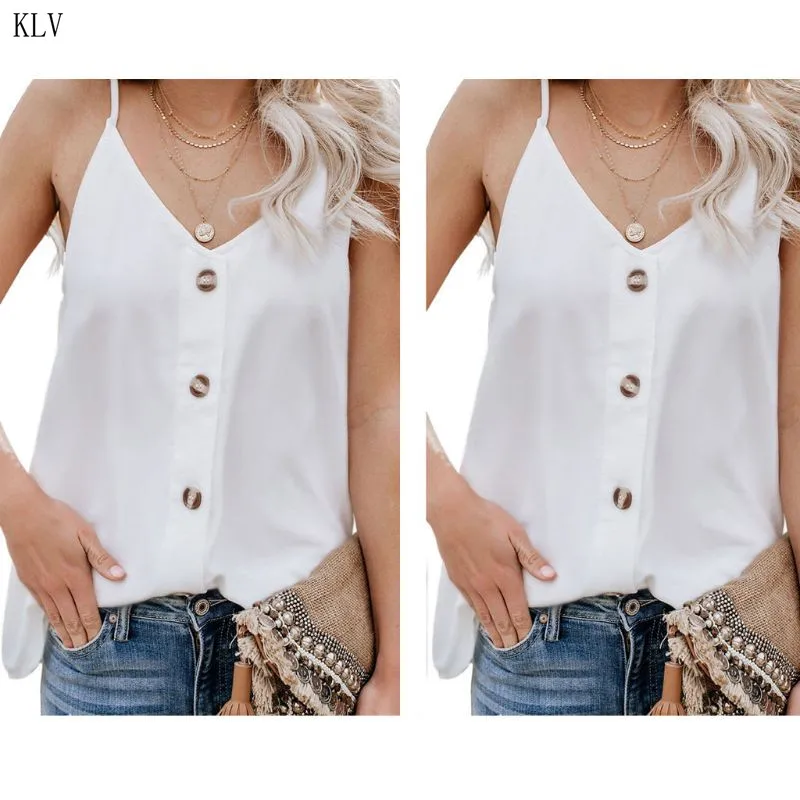 

Women Summer Sleeveless Spaghetti Straps Vest Tank Top Solid Color Sexy Deep V-Neck Button Down Camisole Loose Strappy Shirt New