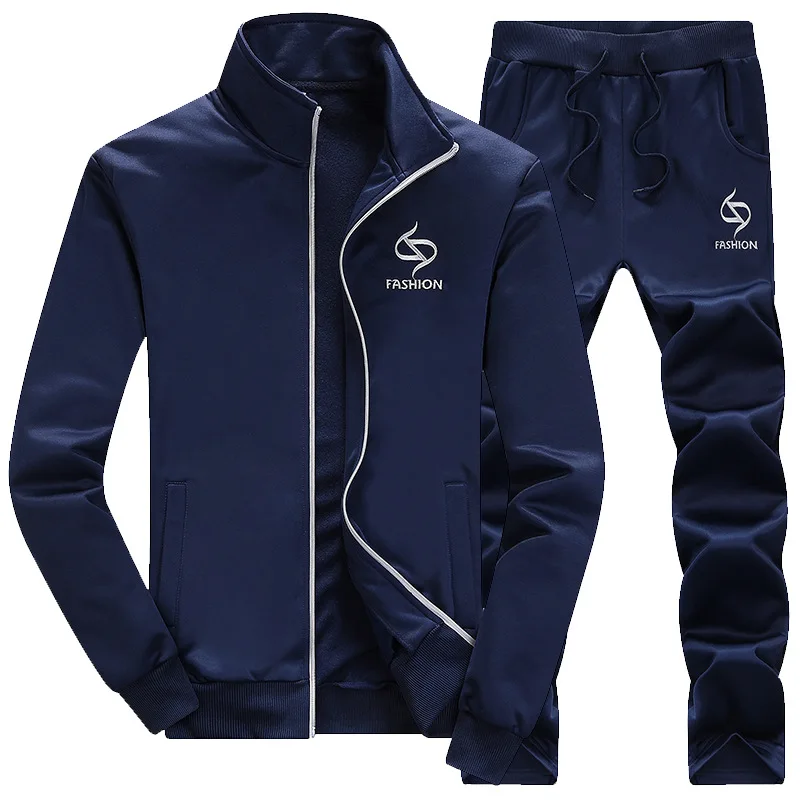 Спортивный костюм из двух предметов, мужская куртка с брюками, Осенний Уитнер, плотный флис, на молнии, с буквенным принтом, повседневный спортивный мужской спортивный костюм - Цвет: LY005 Dark Blue