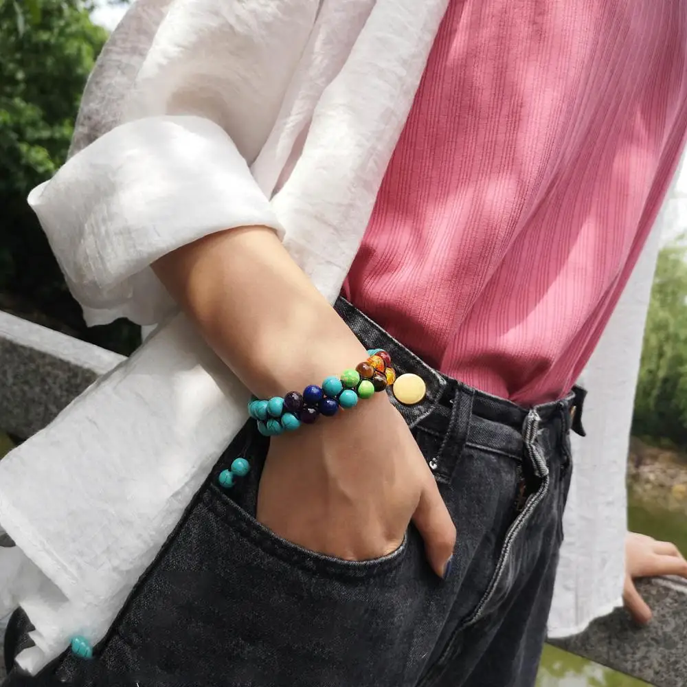 

Rinhoo 1SET Seven Chakras Colorful Double-layer Natural Stone Beads Rope Chain Bracelet For Women's Fashion Jewelry Gift