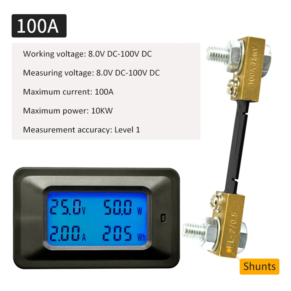 50A 100A ЖК-дисплей DC 8-100 В Ток Мощность счетчик энергии тестер 50A 4 IN1 цифровой вольтметр Амперметр