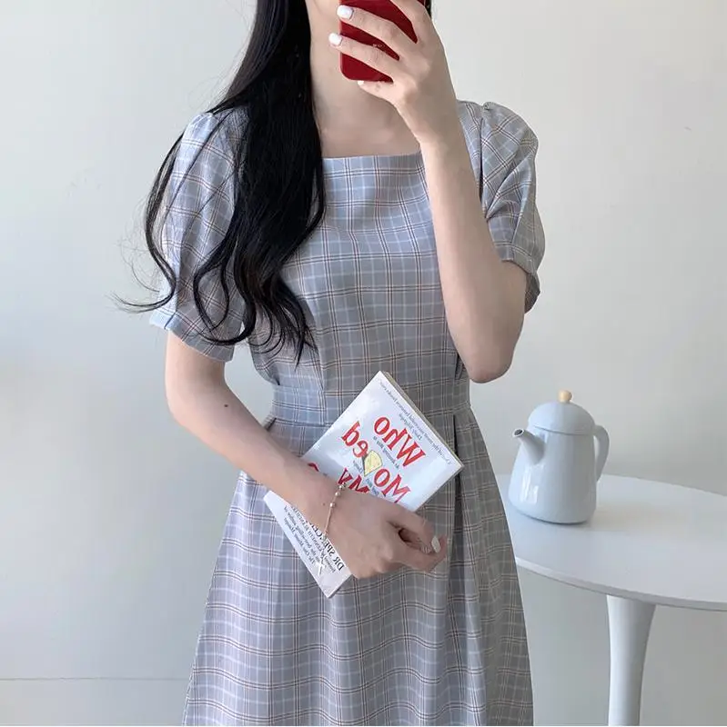 Vintage Dresses Hot Sales Woman Summer Short Sleeve Cute Sweet Korea Japan Style Design Blue Pink lattice Plaid Dress 6815
