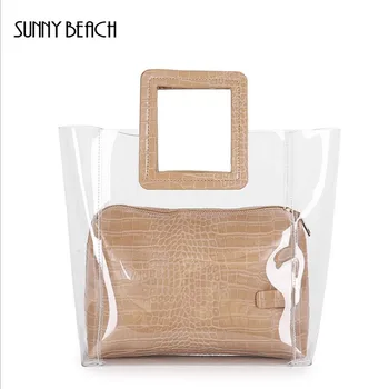 

SUNNY BEACH Fashion Alligator Bag Unique Squared Handle Transparent Bag Tote Bag Women Hand Bags Composite Handbag