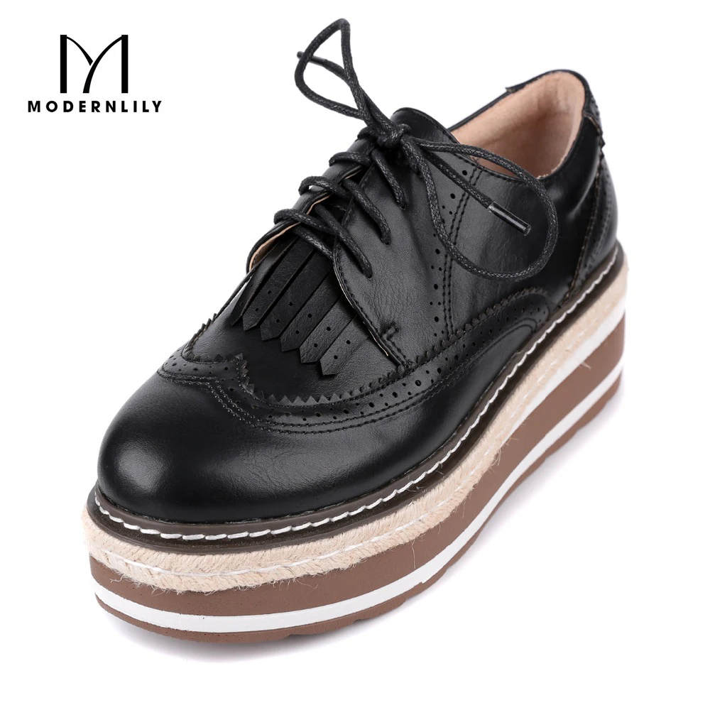 2017 Женская бахромой дамы Туфли без каблуков резиновой платформе каблука броги на