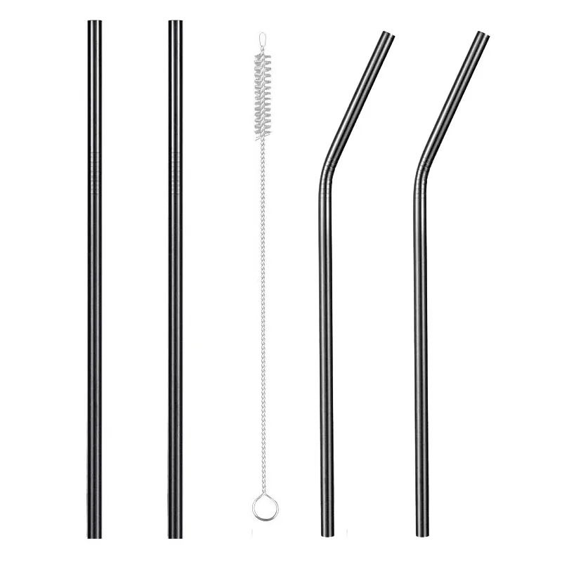 Reusable 304 Stainless Steel Drinking Straw Bar Party Metal Straw with Cleaner Brush For Mugs Sturdy Bent Straight Straws - Цвет: Black B s2b2 4PCS