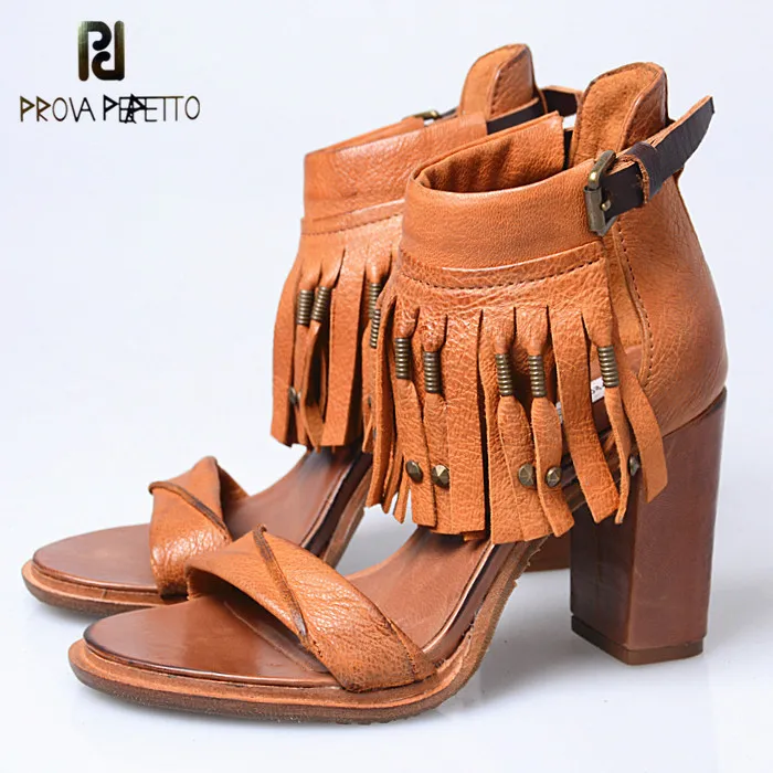 

Prova Perfetto 2018 New Style Euramerican Real Leather Thick heel Sandals Buckle Strap Rivet Floral Do the Old Retro Sandals