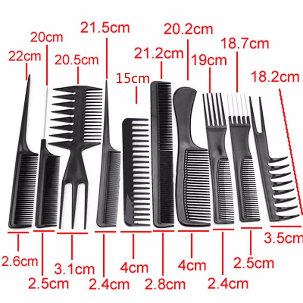 10 шт Черный профессиональный салон для укладки волос Парикмахерская пластиковая Парикмахерская щетка для волос Набор расчесок