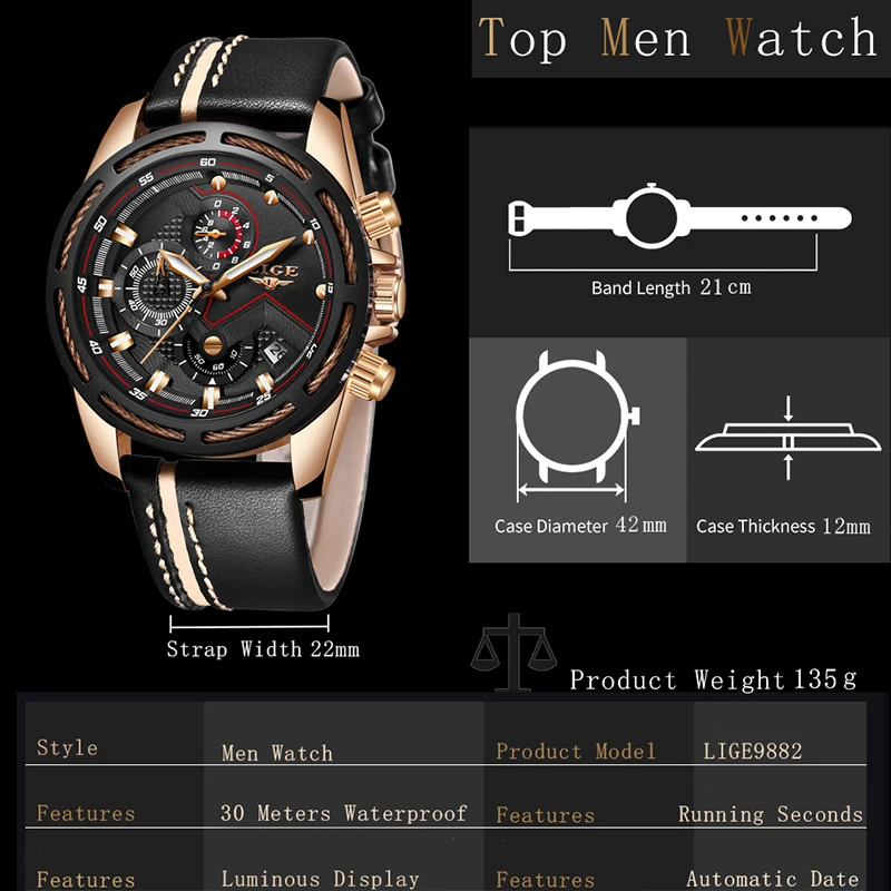 Relogio LIGE Mens Watches Top brand luxury Fashion Military Quartz Watch Mens Leather Waterproof Sport Watch Relogio Masculino