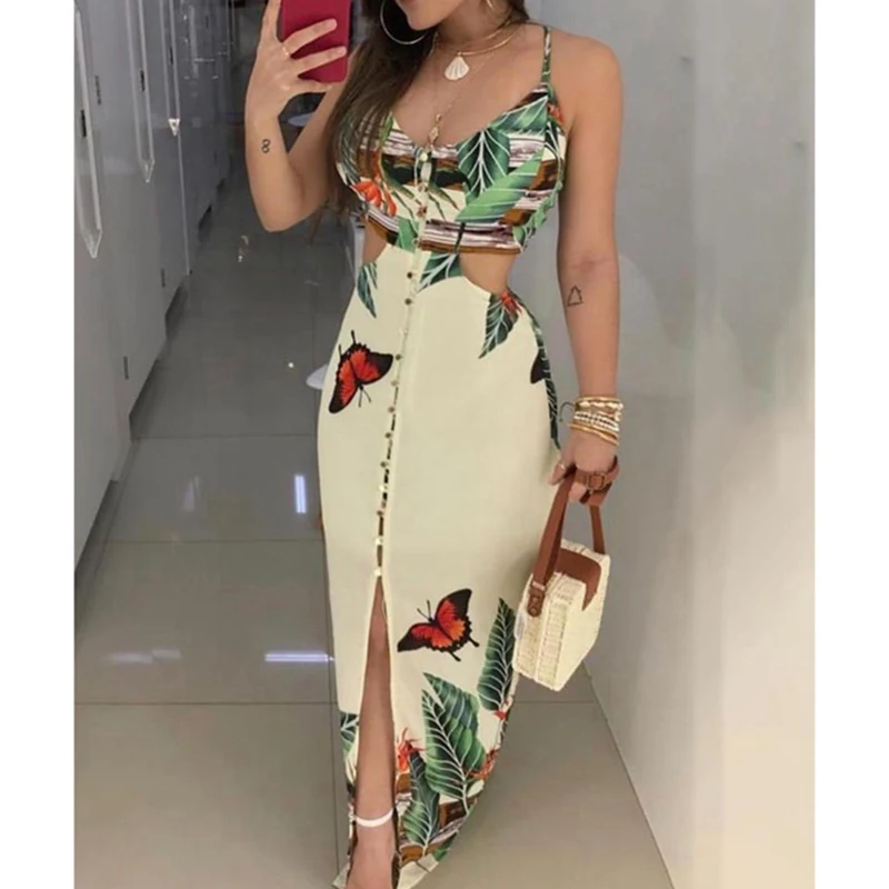

Adisputent Summer Spaghetti Strap Tropical Print Cutout Dresses Fashion Tank Women Split Button Sundress Sexy Sheath Vestido