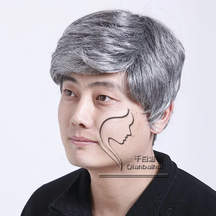 Grey Hair Color Synthetic None Lace Wig Men Wigs Straight Natural