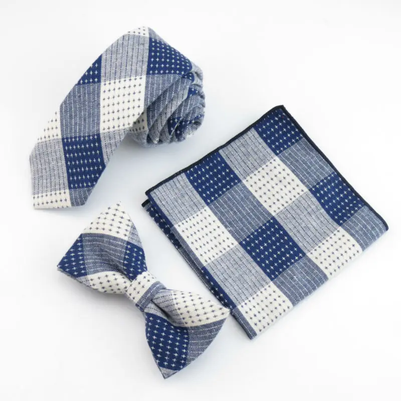  Men's navy white Plaid Ties s Bowtie 100% cotton Tie star poin Handkerchief Accessories For Men fas
