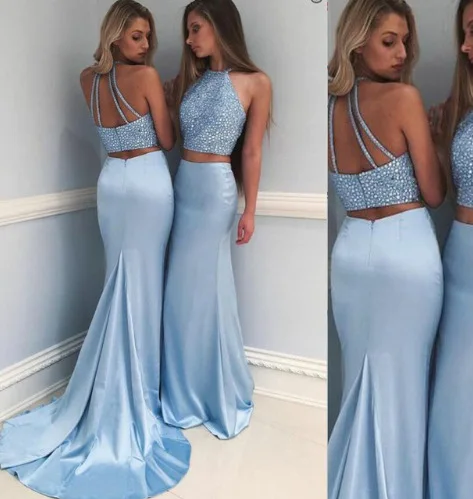 

Beauty Emily 2019 Long Hanging Neck Mermaid Evening Dresses Sleeveless Trailing Sexy Party Dress Open Back Sequins Pleated Gowns