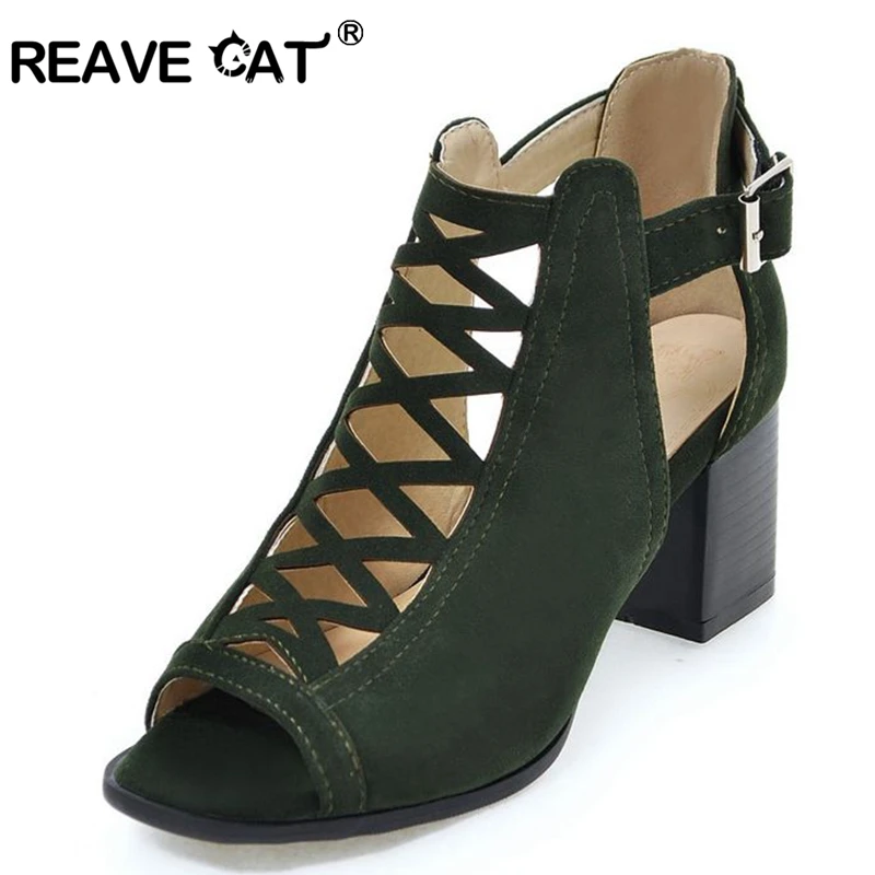 REAVE CAT Shoes woman sandals Buckle Lady pumps Peep toe Cross Flock