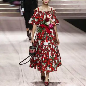 

Women Dress 2019 High Quality Designer Runway Half Sleeve Printed Big Swing Elegant Spaghetti Strap Dresses NP0036