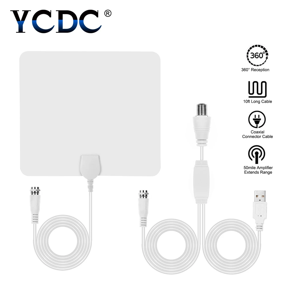 

YCDC Flat HD TV Amplified Indoor Digital TV Antenna High Gain HDTV 50 Miles Range ATSC DVB ISDB Detachable Signal Amplifier