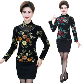

Velvet Floral Pullover Top Fall Winter New Women Long Sleeve T shirt Plus Size 5XL Mother Clothing Turtleneck Thick Warm Tee