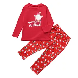 Супер милые дети для маленьких мальчиков круглым вырезом для девочек хлопковые Футболка с принтом топы, штаны пижамы рождественские